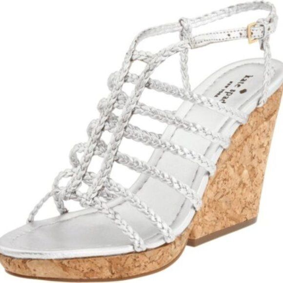 Kate Spade Felix Silver Leather Cork Wedge Sandal 9.5 - Picture 1 of 6